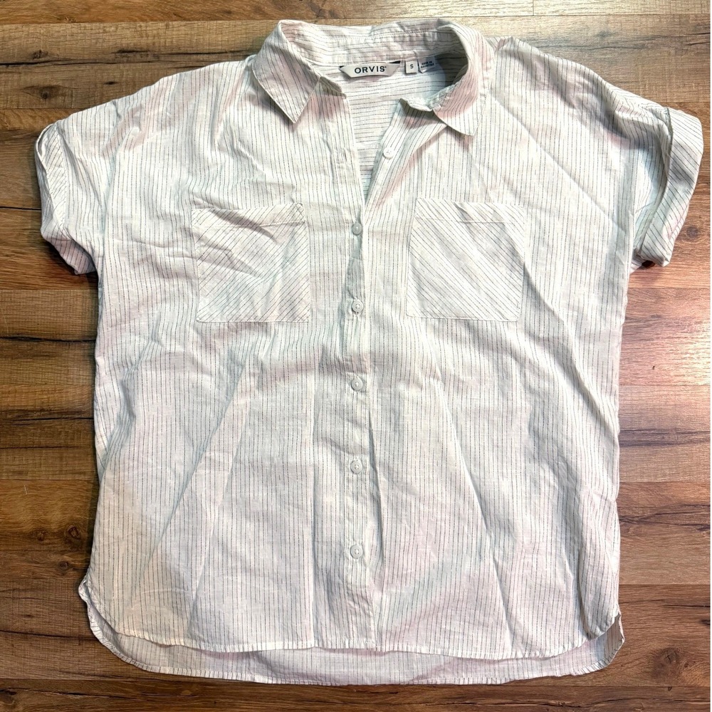 Orvis River Guide Vented Button Up Short Sleeve Shirt Pinstripe Cotton Small